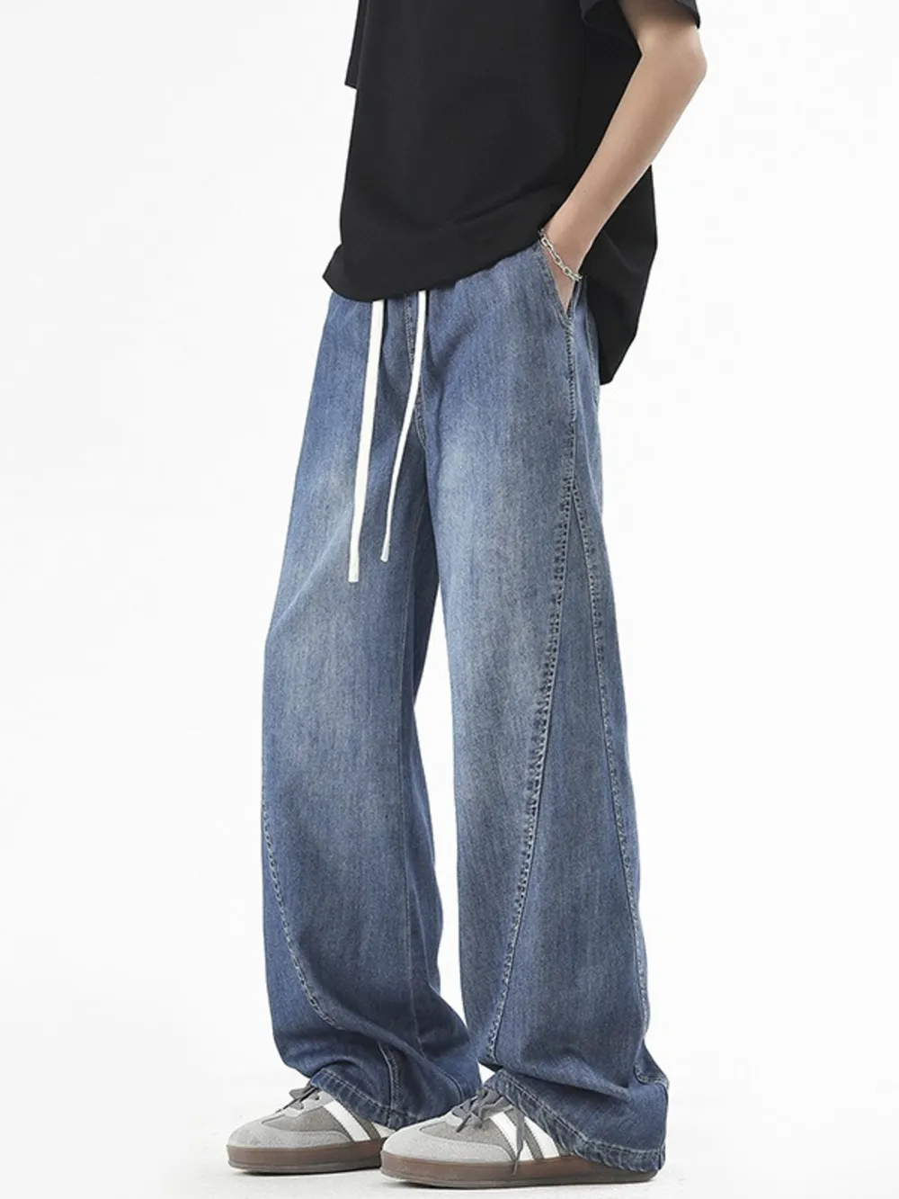 Men's Plus Size Vintage Wide Leg Jeans with Drawstring, image 2