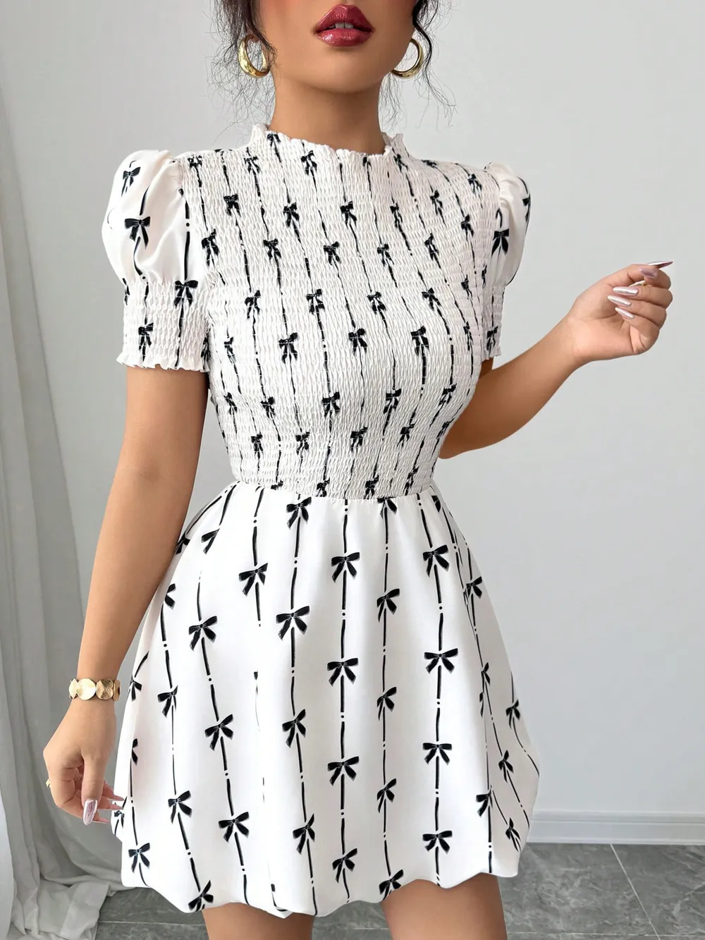 Smocked Bow Print Short Sleeve Dress, image 2