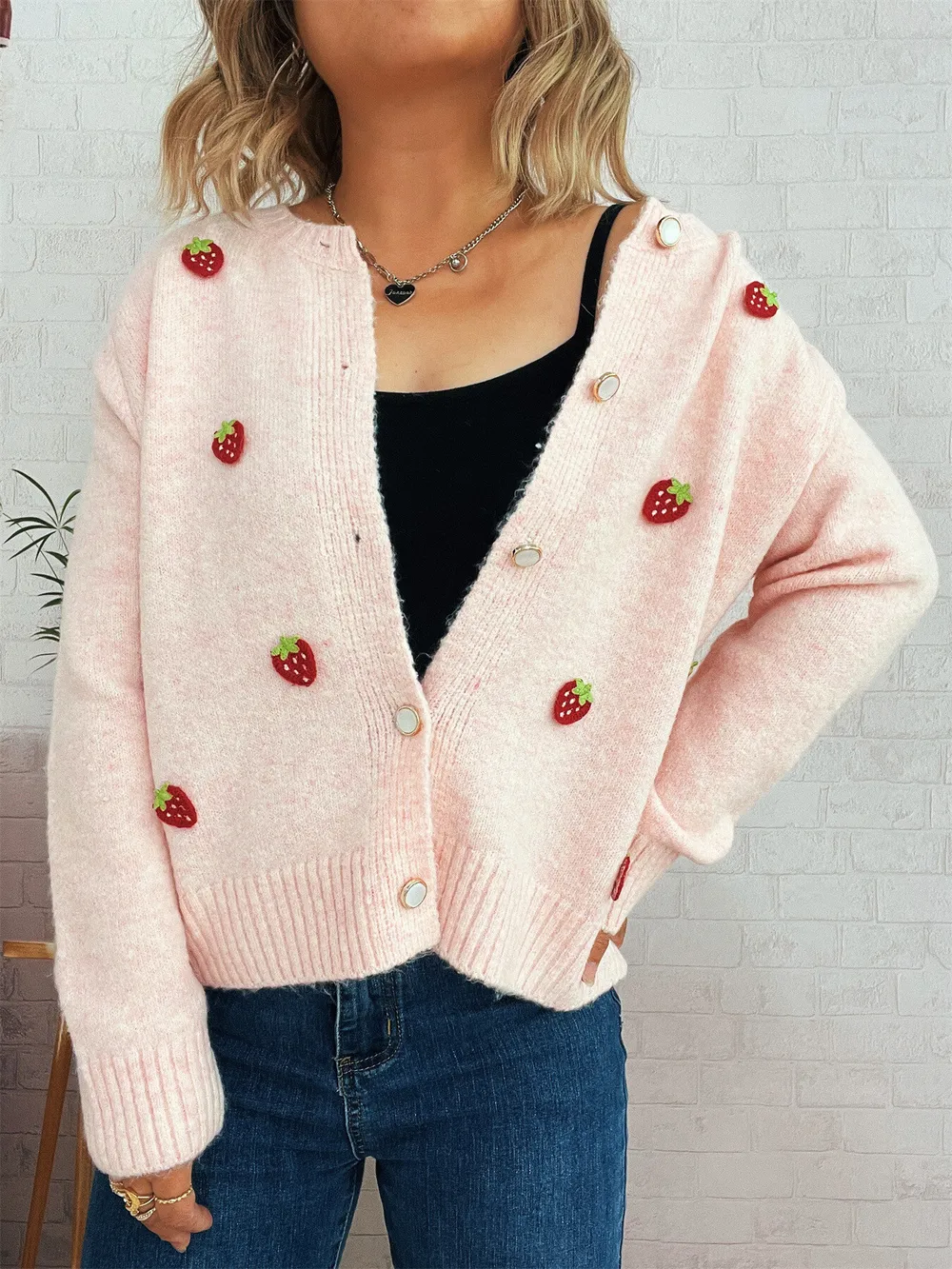 Strawberry Button Up Long Sleeve Cardigan, image 2