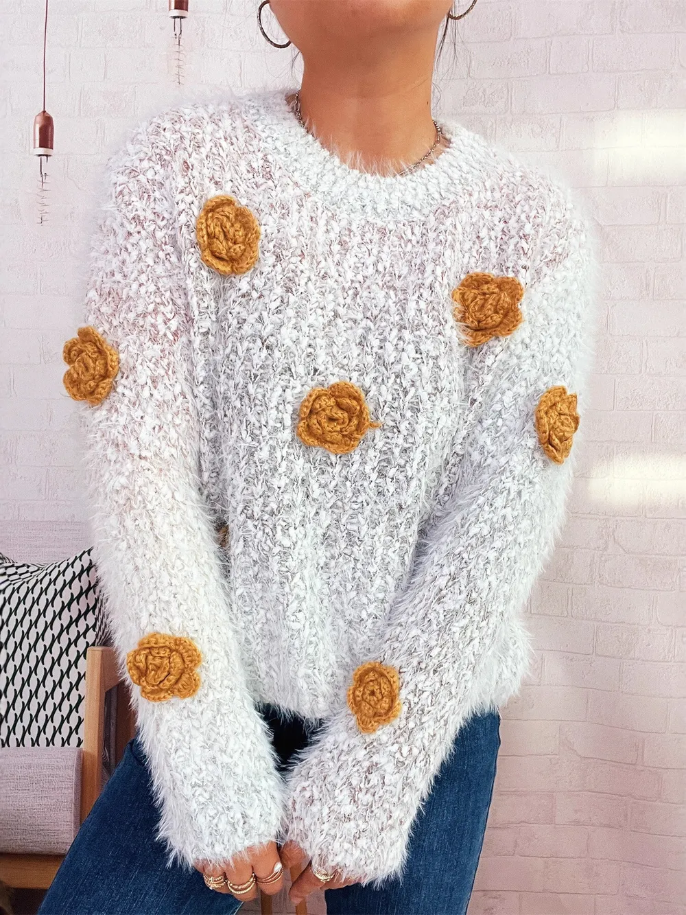 Flower Embellished Round Neck Sweater, image 7