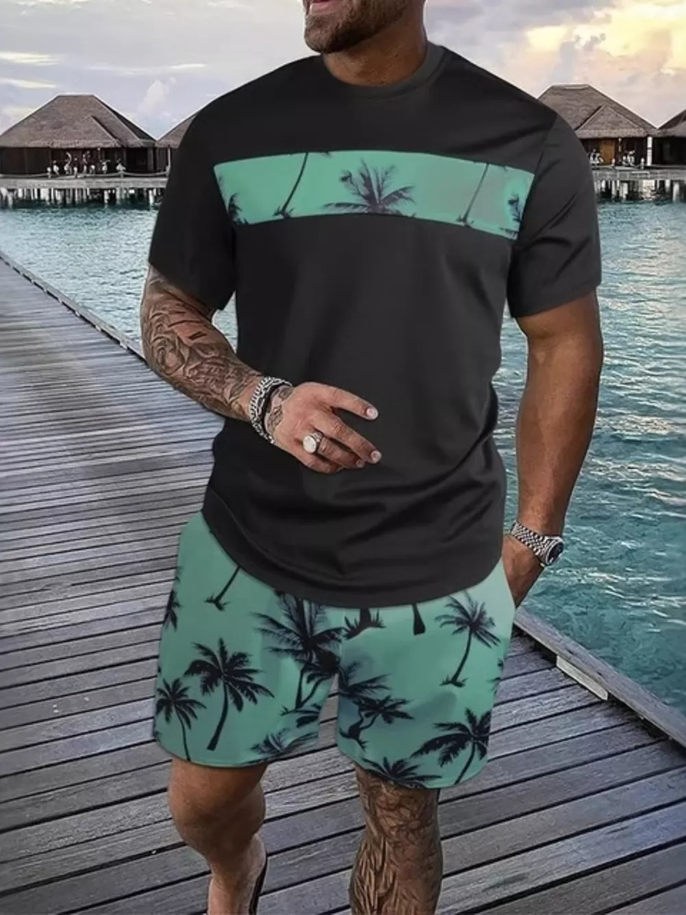 Men's Full Size Tropical Palm Tree Tee and Shorts Set Plus Size, image 2