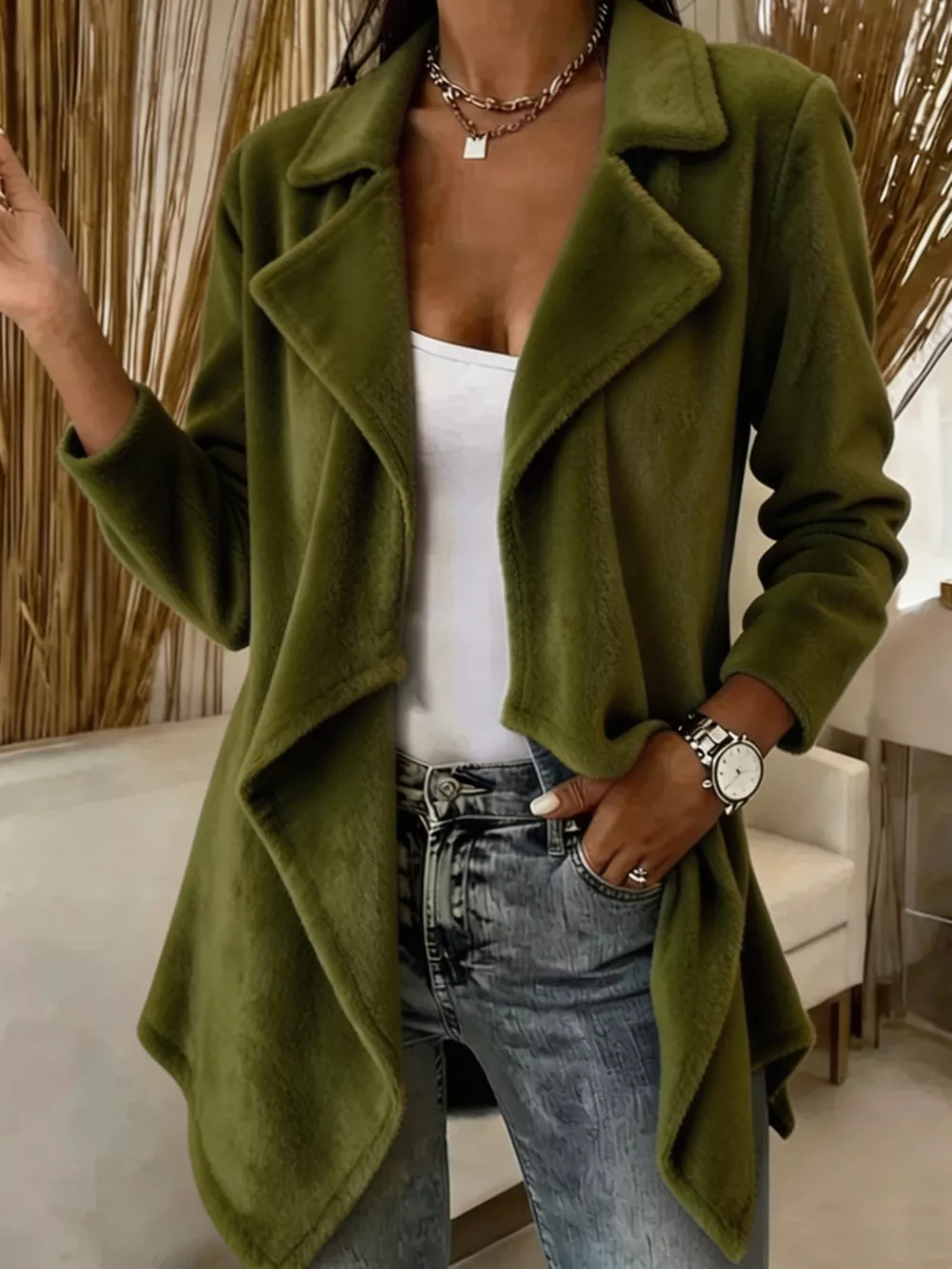 Full Size Fleece Waterfall Collar Outerwear Plus Size, image 3