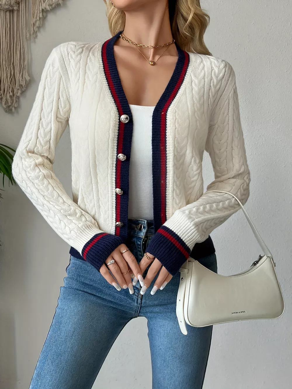Contrast Trim Cable Knit Cardigan, image 2