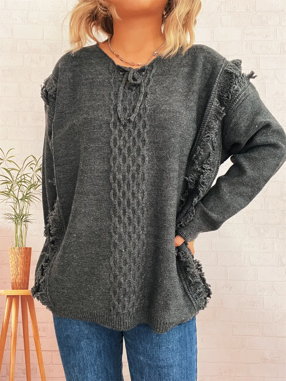 Raw Hem Lace Up Front Sweater, image 9