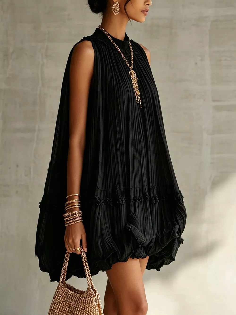 Pleated Mock Neck Sleeveless Mini Dress, image 9