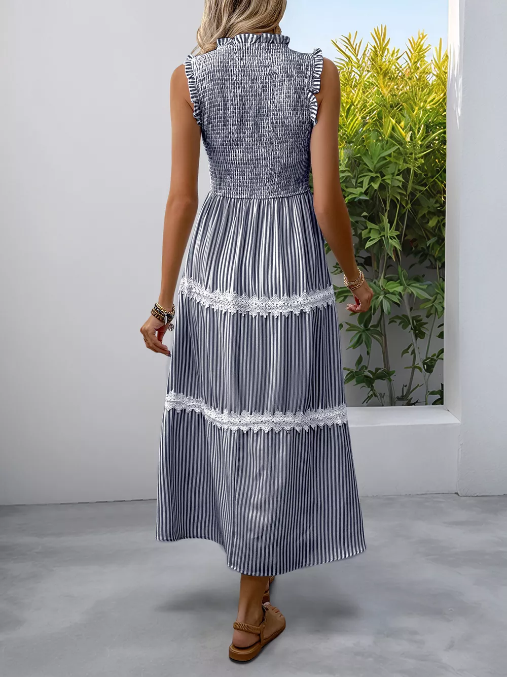 Smocked Striped Lace Trim Sleeveless Midi Dress, image 6