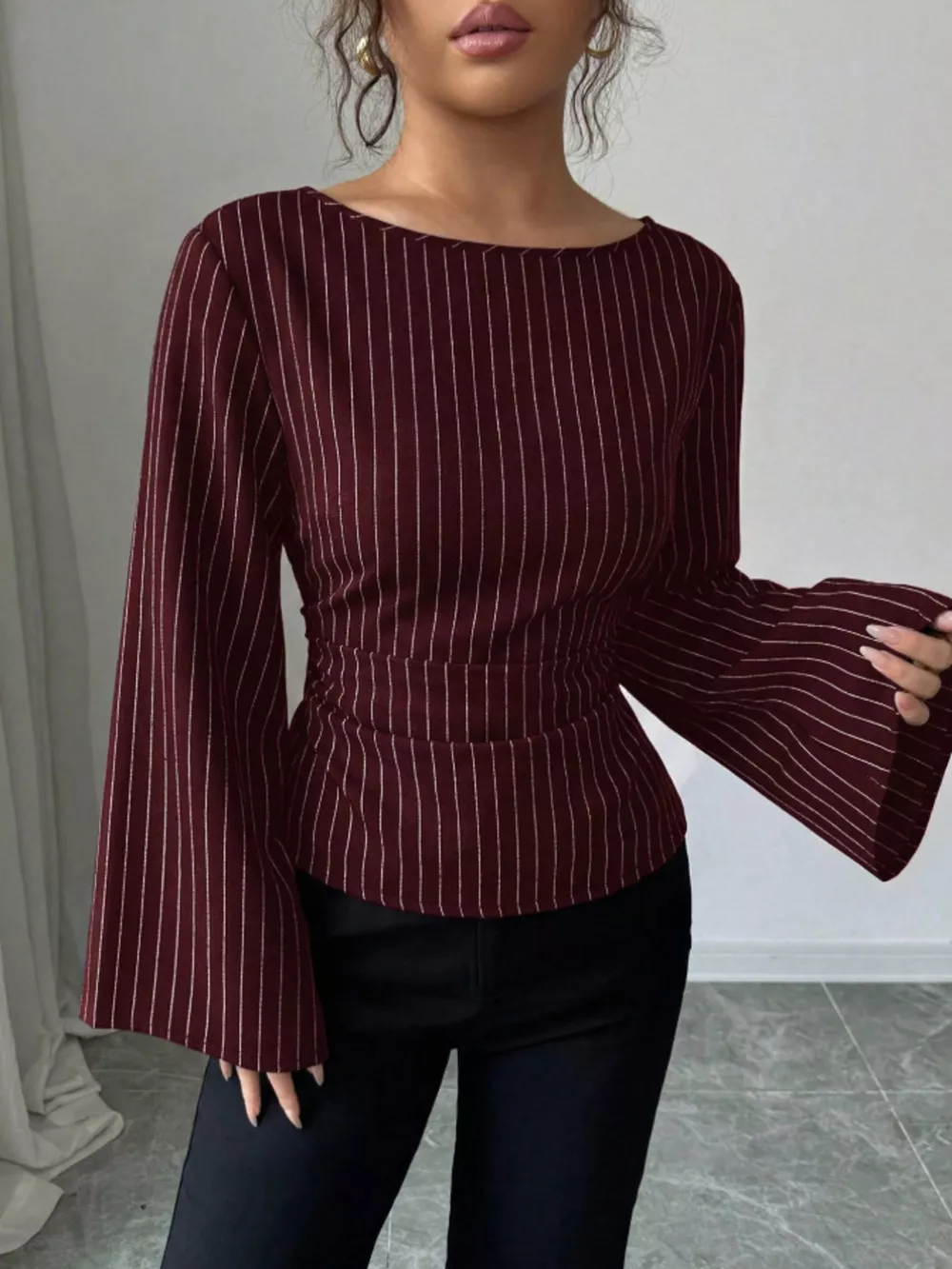 Elegant Pinstriped Bell Sleeve Blouse with Back Lace Up, image 15