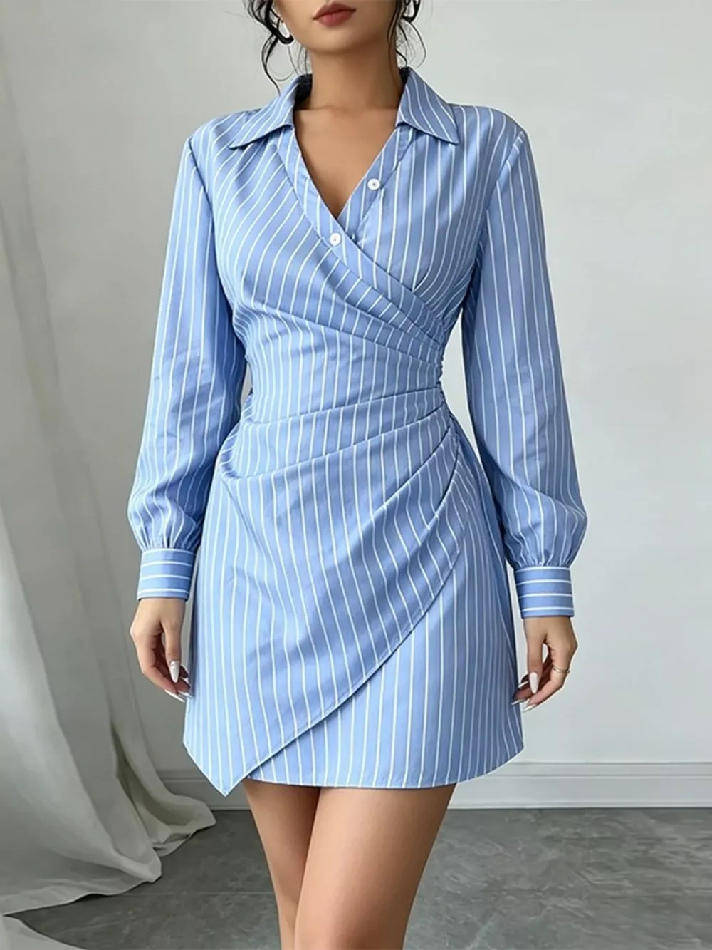 Full Size Striped Long Sleeve Shirt Dress Plus Size