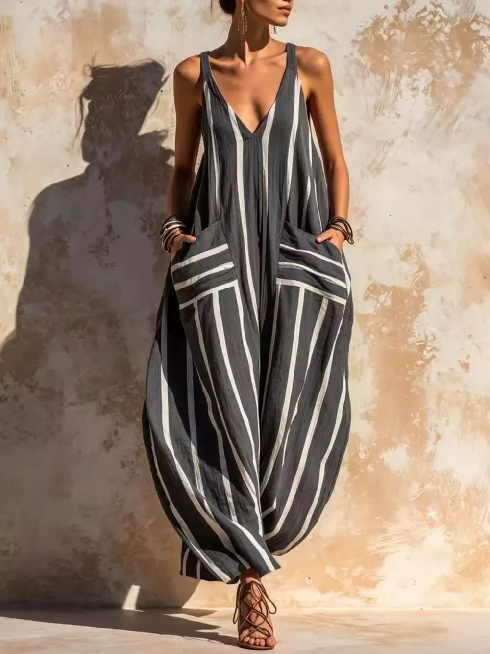 Striped V-Neck Sleeveless Wide-Leg Jumpsuit, image 8