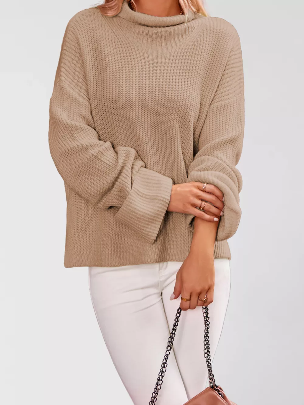 Mock Neck Dropped Shoulder Sweater, image 9