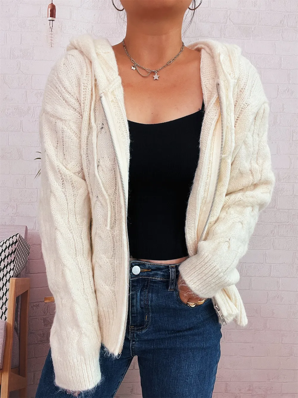 Cable Knit Hooded Zip-Up Cardigan, image 12