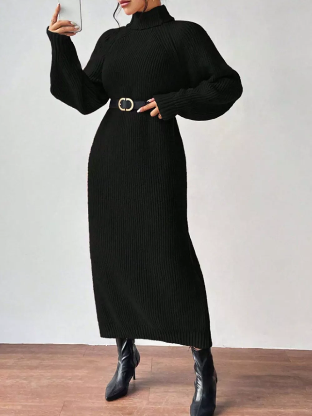 Turtleneck Ribbed Knit Midi Sweater Dress, image 3