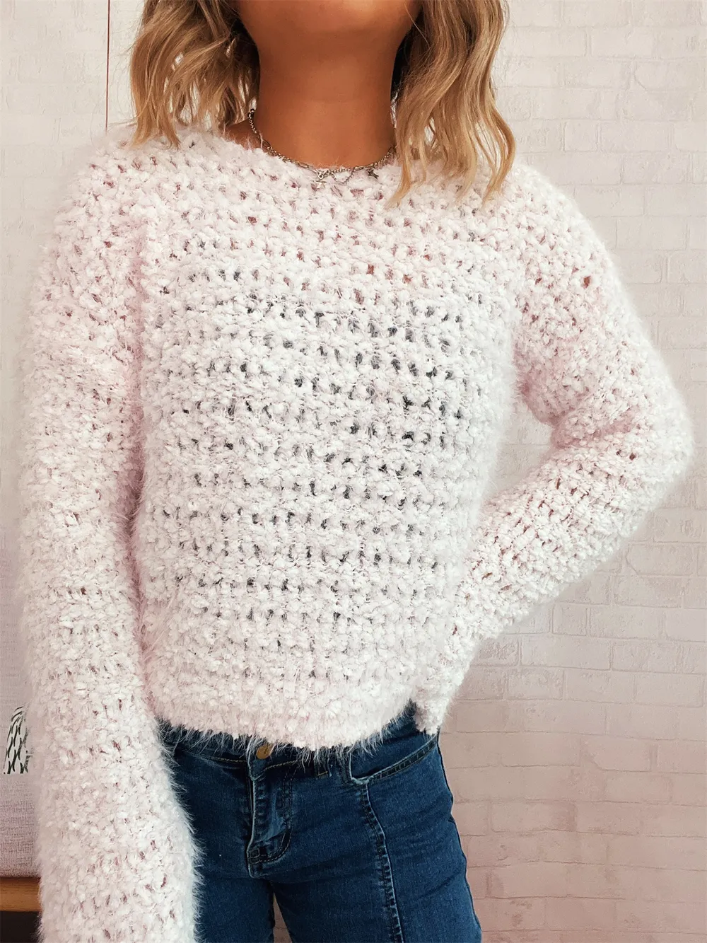 Crochet Round Neck Dropped Shoulder Sweater, image 11