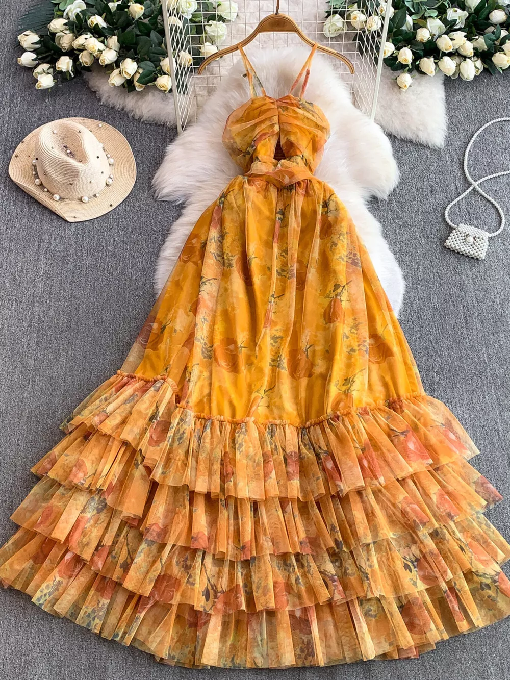 Floral Print Ruffled Layered Mesh Dress, image 6