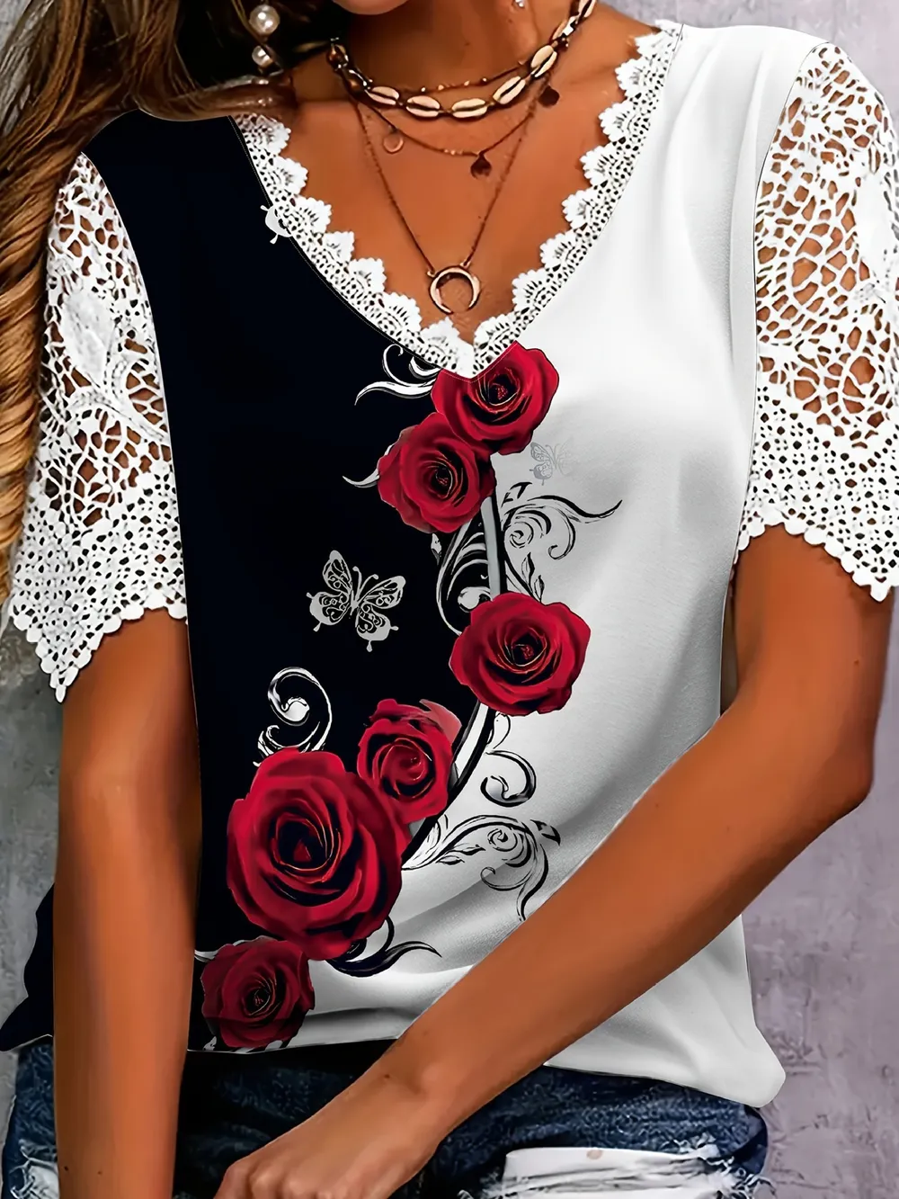Full Size Printed Lace Sleeve V-Neck T-Shirt Plus Size, image 2