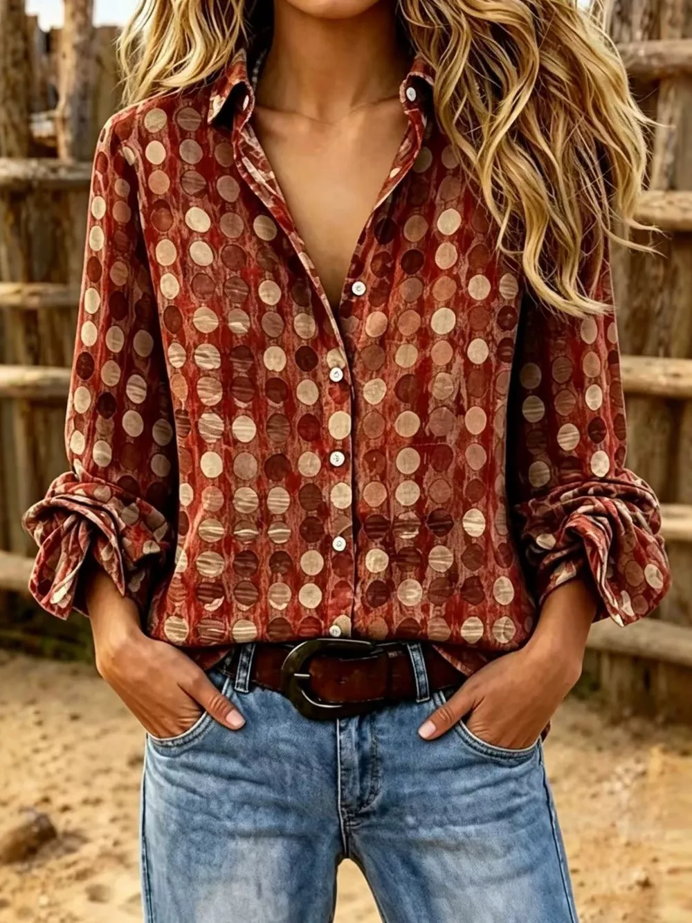 Full Size Circle Pattern Long Sleeve Shirt Plus Size, image 7