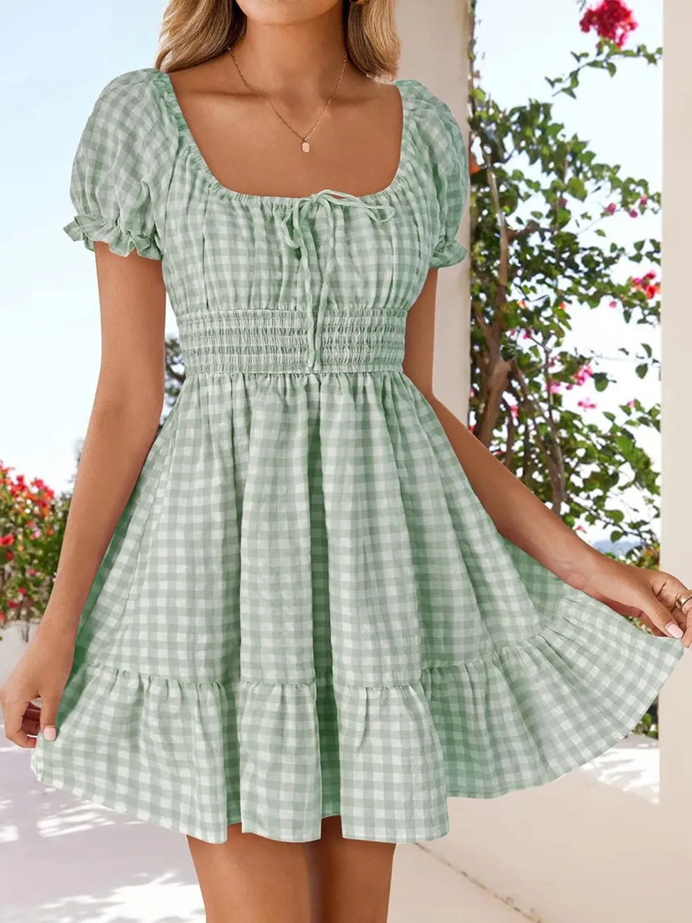 Gingham Smocked Puff Sleeve Summer Dress, image 6