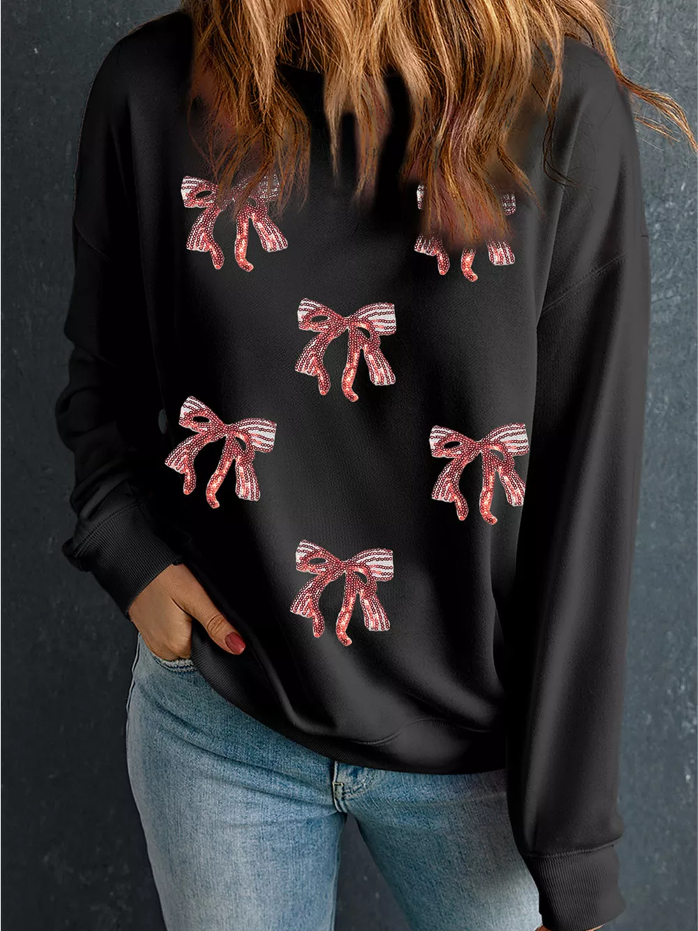 Christmas Sequin Ribbon Bow Drop Shoulder Sweatshirt, image 4