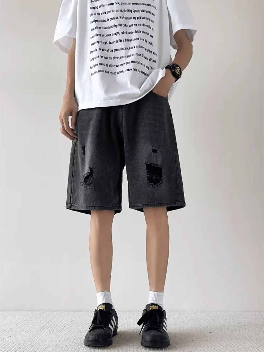 Men's Full Size Casual Loose Fit Ripped Denim Shorts Plus Size