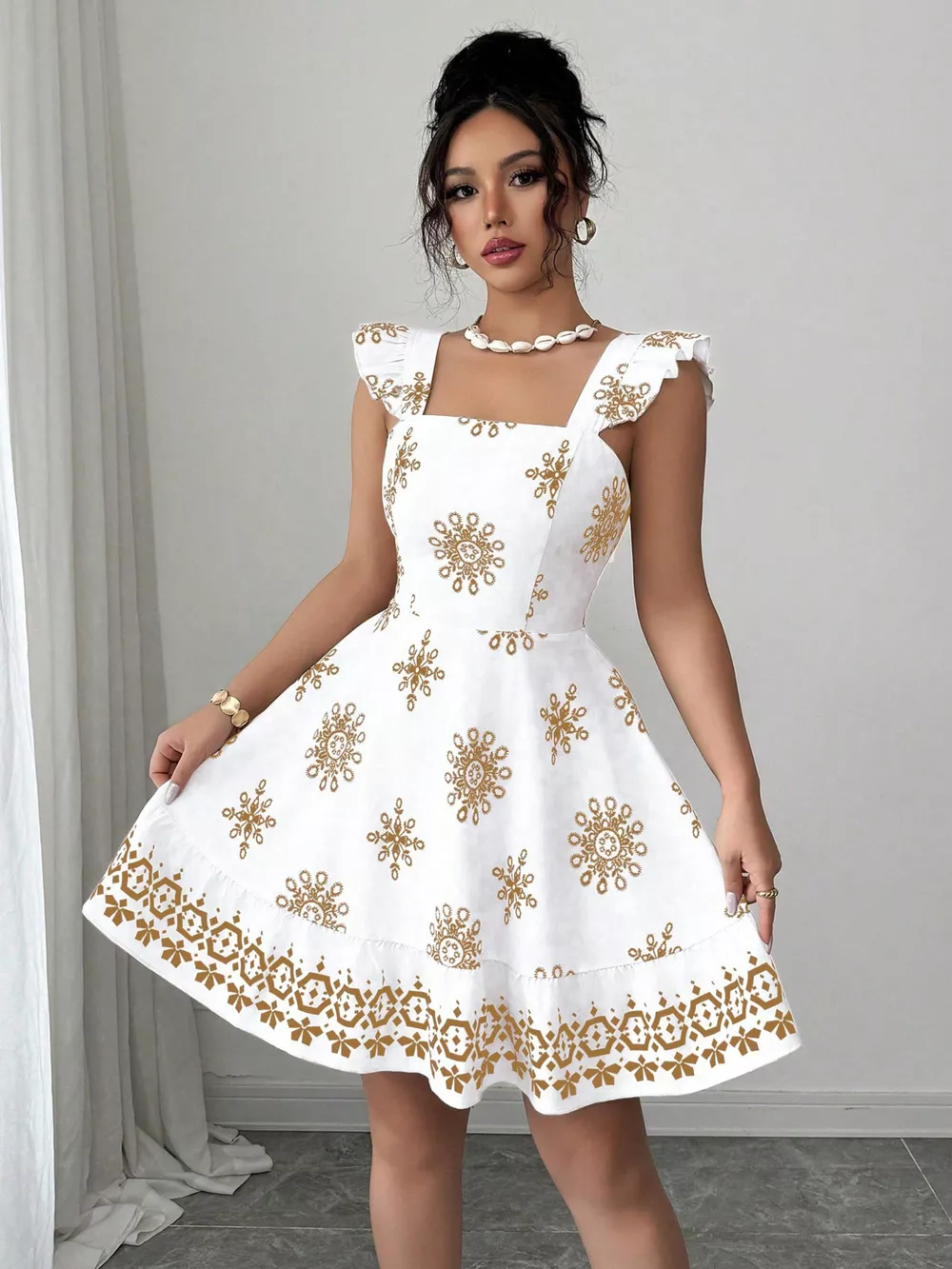 Printed Bow Back Square Neck Mini Dress, image 15