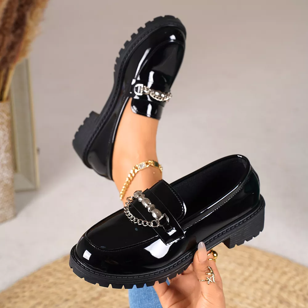 Chain Embellished Round Toe Loafers, image 4