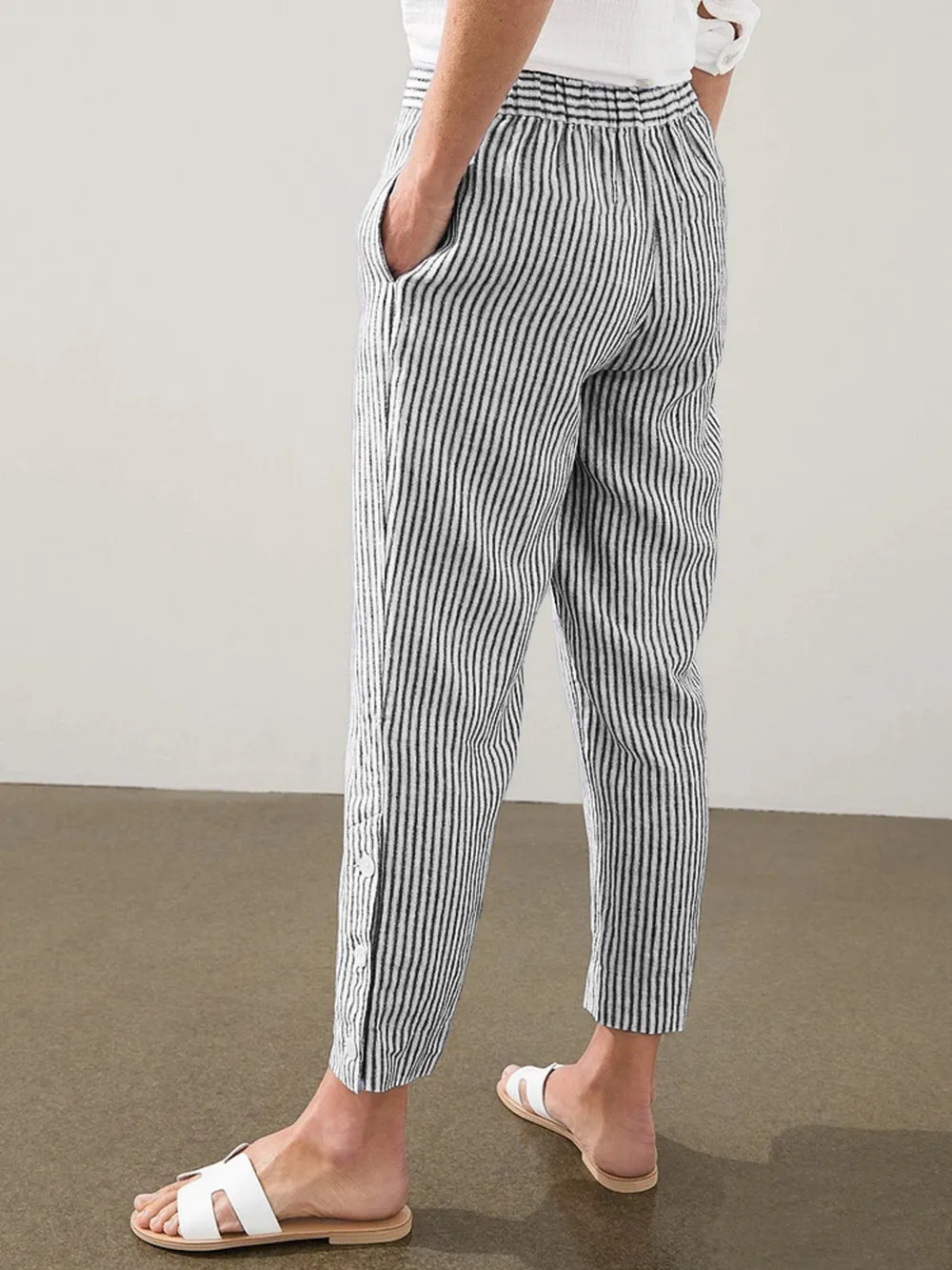 Full Size Striped Side Button Detail Pants Plus Size, image 6