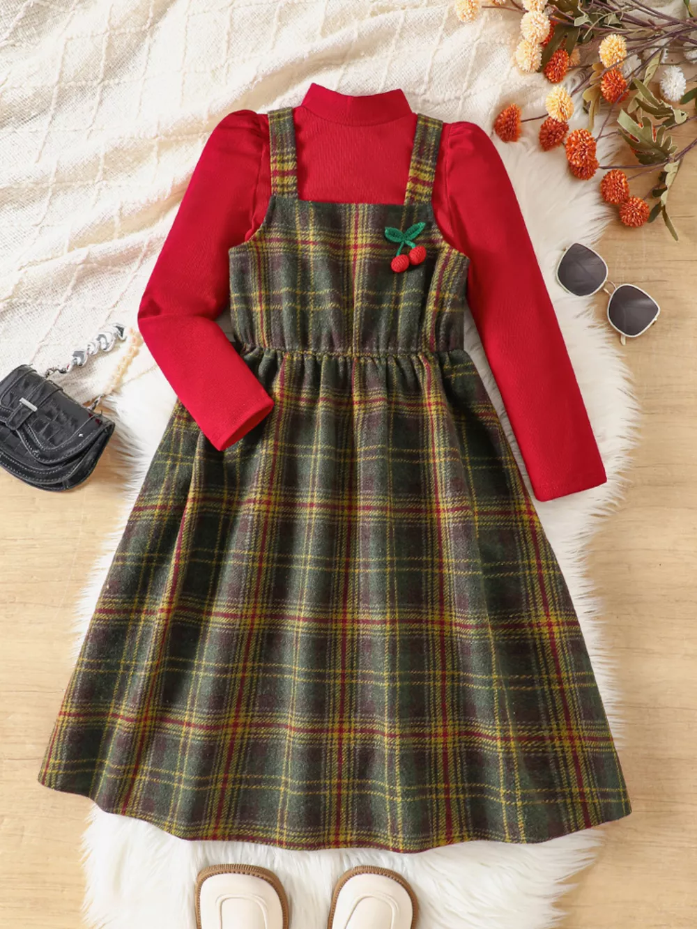 Children's Long Sleeve Top and Plaid Dress Set