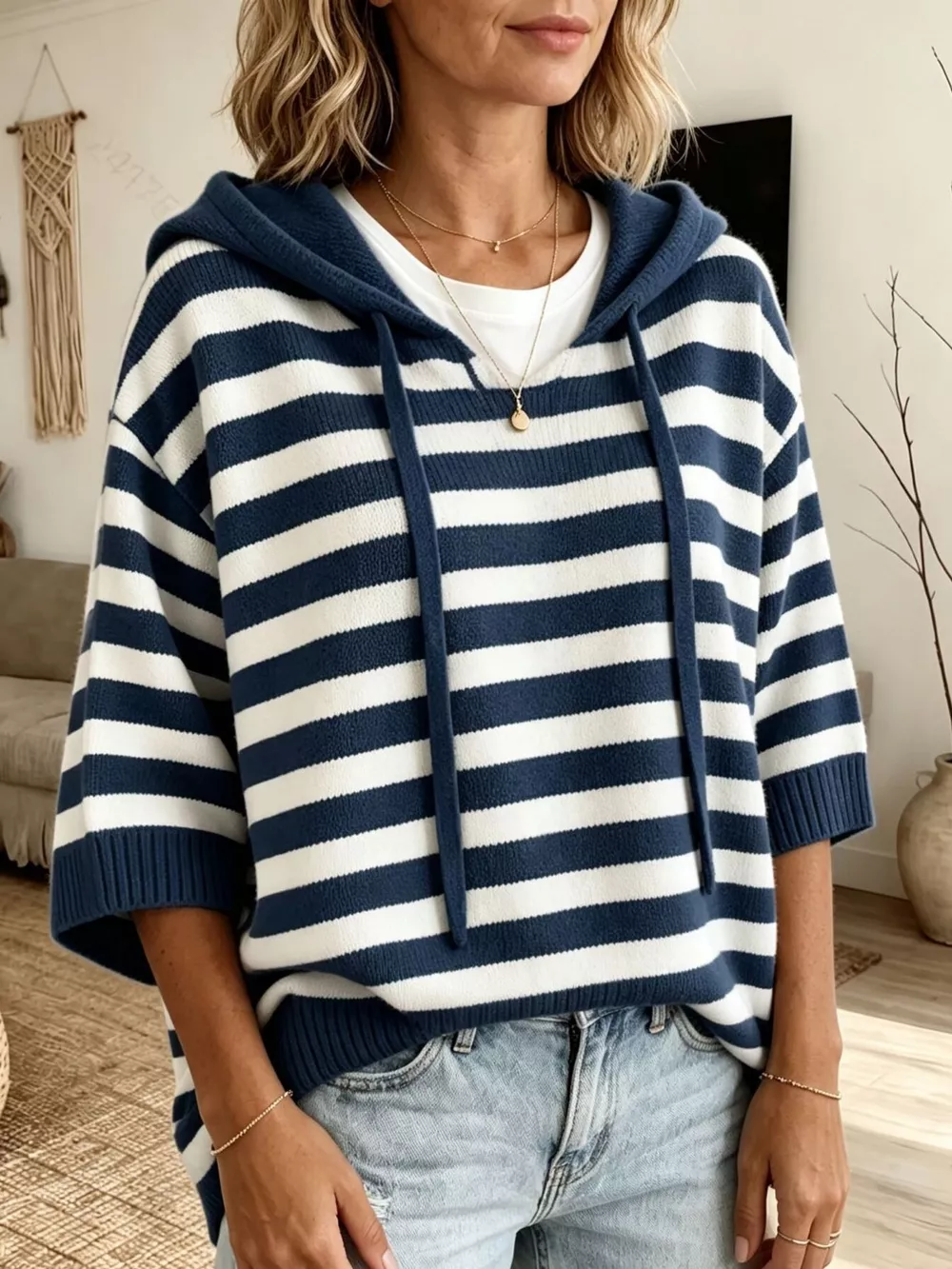 Full Size Drawstring Striped Hooded Sweater Plus Size, image 4
