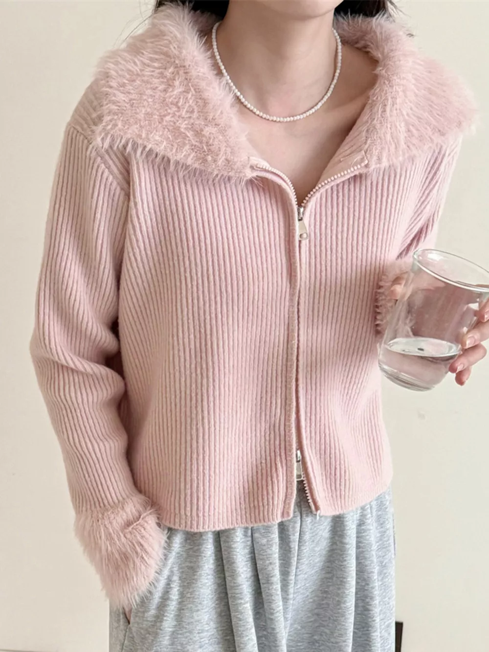 Fluffy Trim Zip-Up Cardigan, image 14