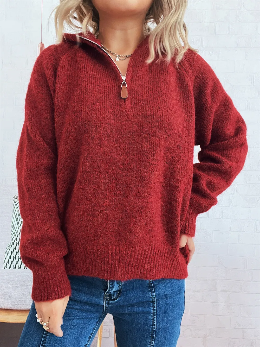 Quarter Zip Ribbed Hem Sweater, image 9