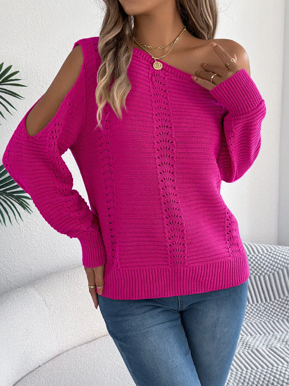 Openwork One Shoulder Cutout Long Sleeve Sweater, image 14
