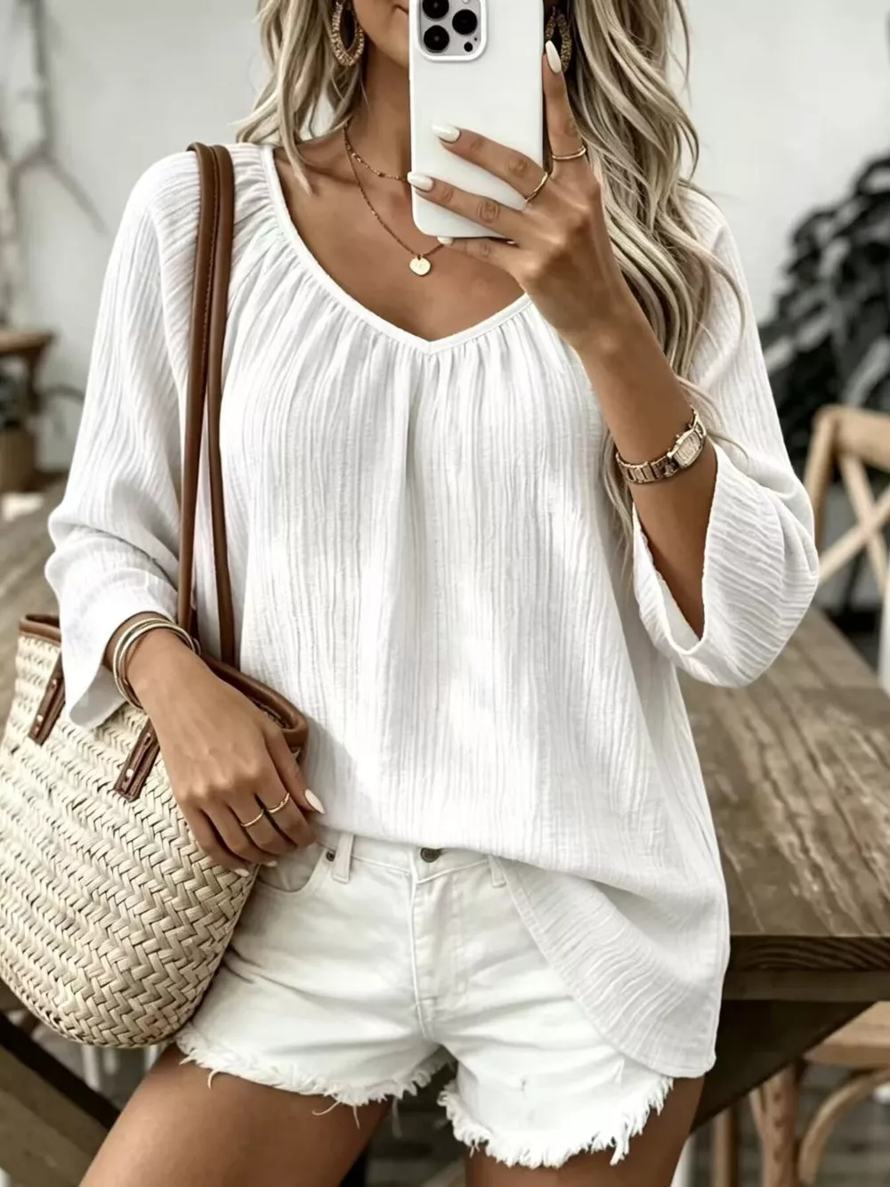 Full Size Textured V-Neck Casual T-Shirt Plus Size, image 25