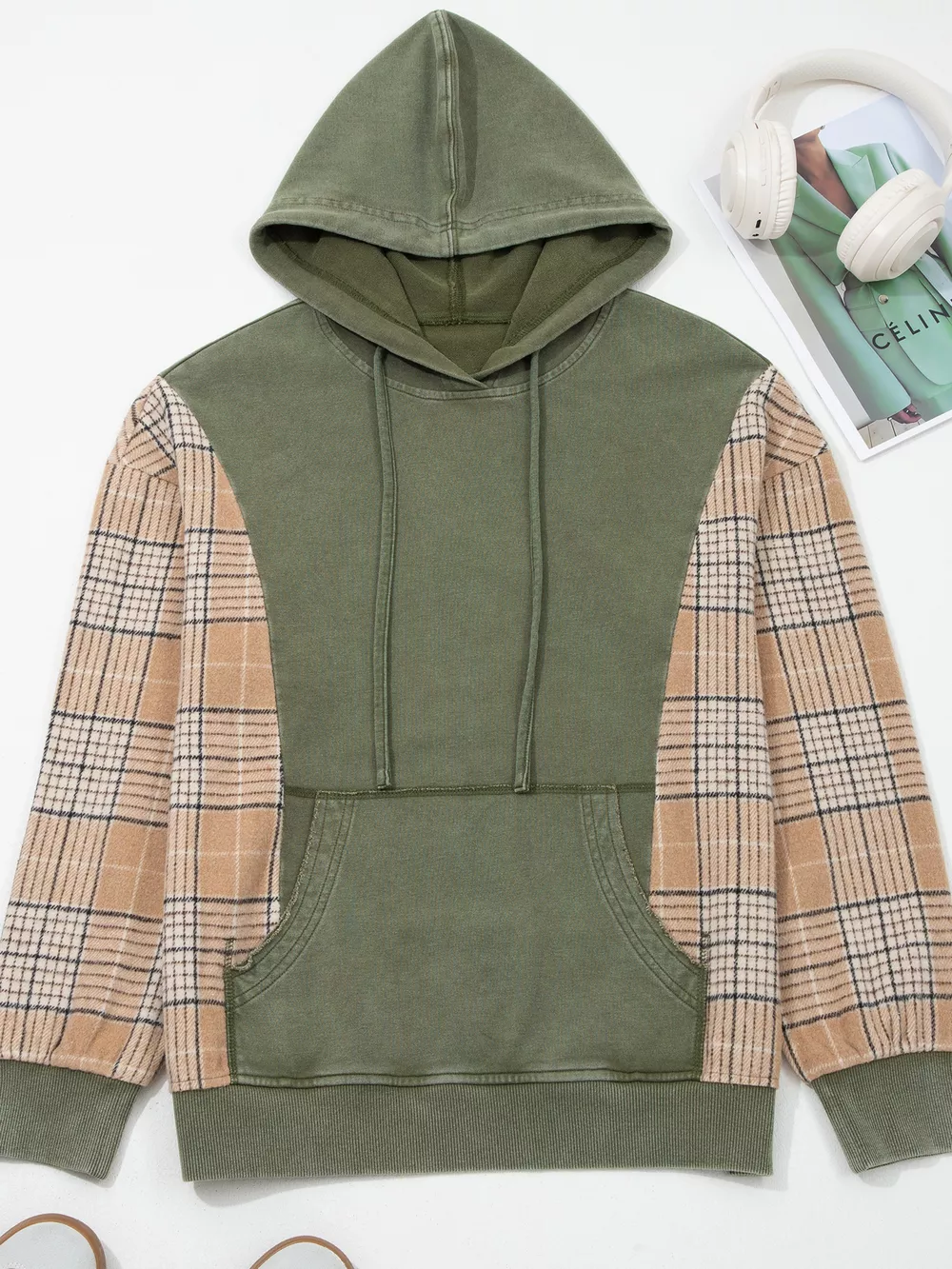 Plaid Sleeve Drawstring Pocket Hoodie, image 10
