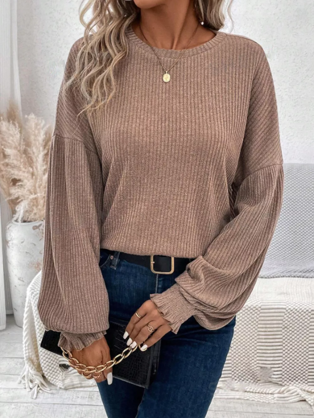 Ribbed Knit Long Sleeve T-Shirt, image 14