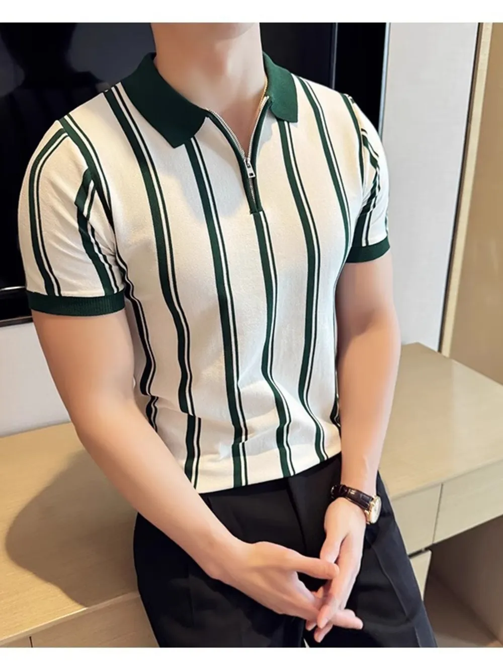 Men's Full Size Classic Striped Zip Collar Polo Shirt Plus Size, image 4