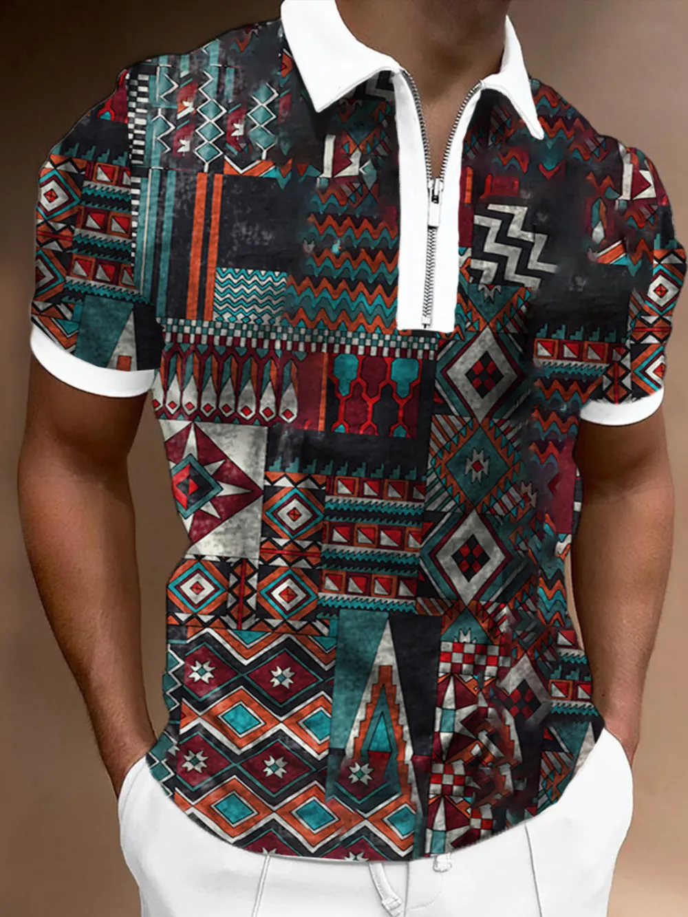 Men's Full Size Tropical Palm Tree Print Zipper Polo Plus Size, image 3