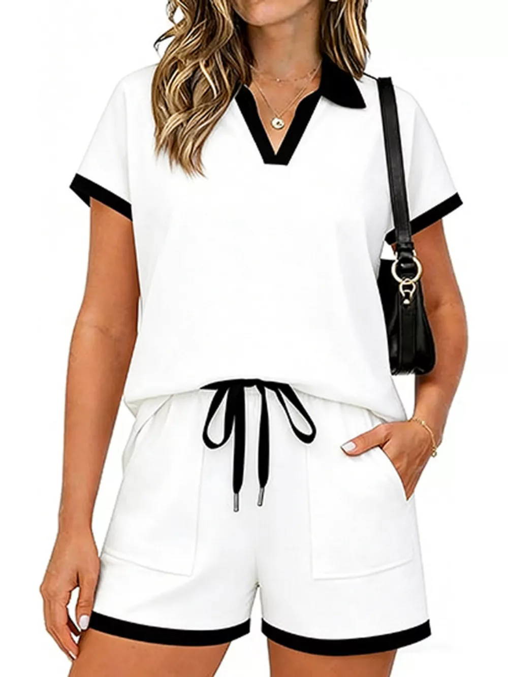 Polo Collar Short Sleeve Top and Shorts Set, image 11