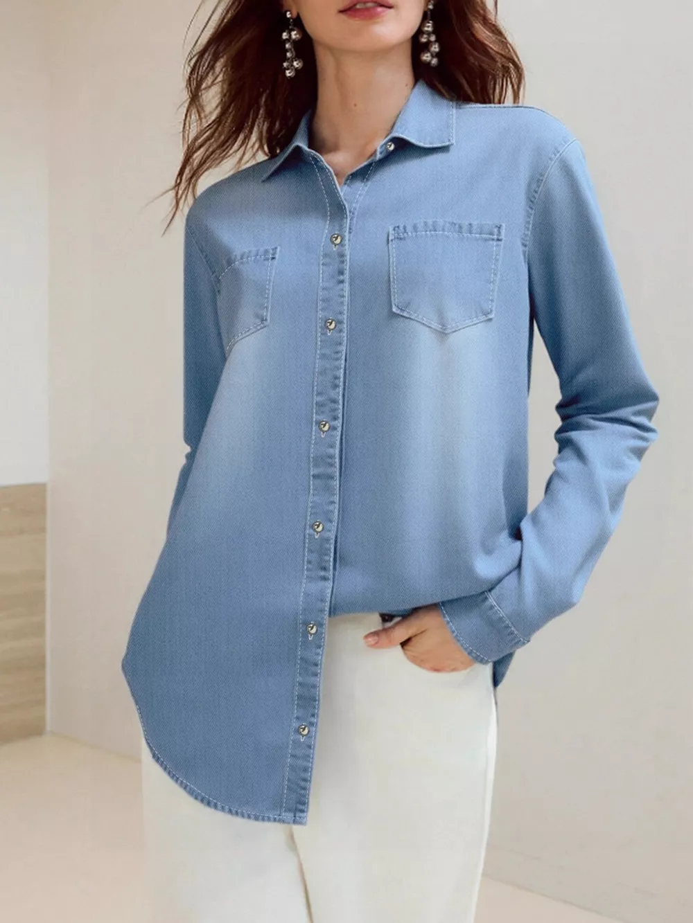Full Size Button-Up Long Sleeve Denim Shirt Plus Size, image 3