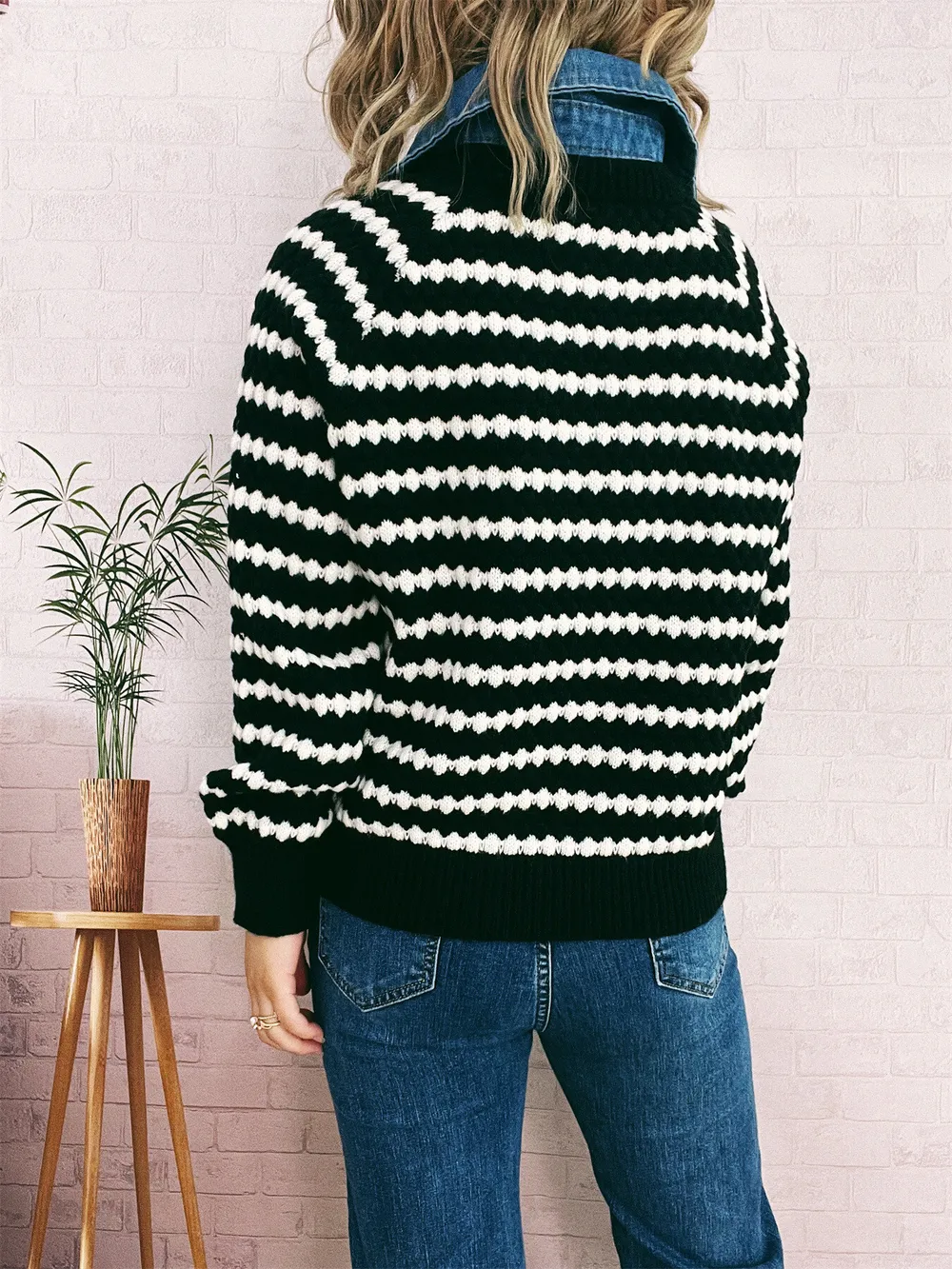 Contrast Striped Sweater with Denim Collar, image 5