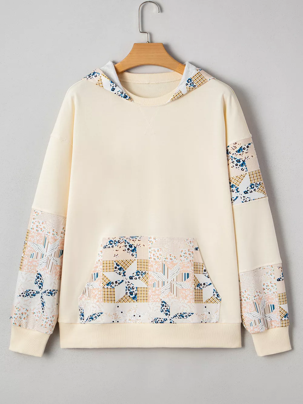Geo Pattern Patchwork Hoodie with Kangaroo Pocket, image 6