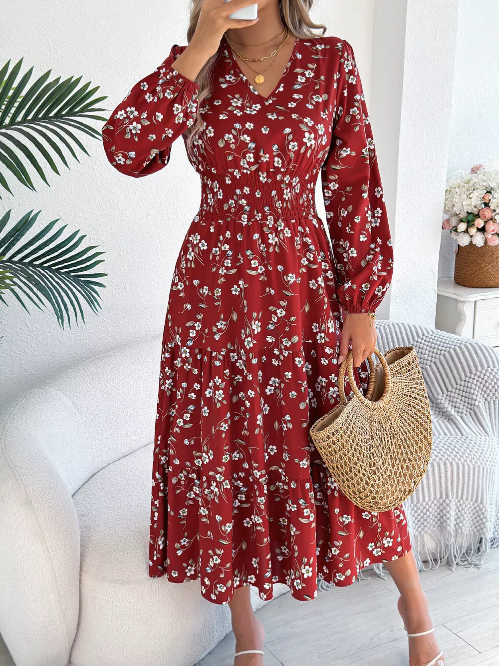 Floral Print Long Sleeve V-Neck Midi Dress, image 7
