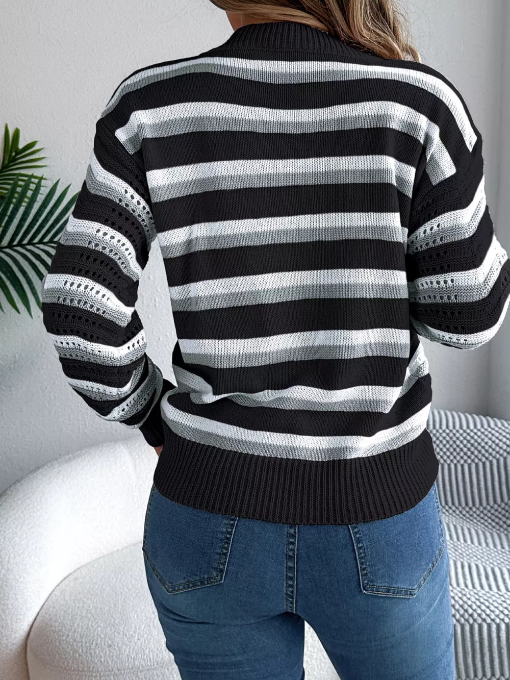 Striped Round Neck Long Sleeve Sweater, image 10