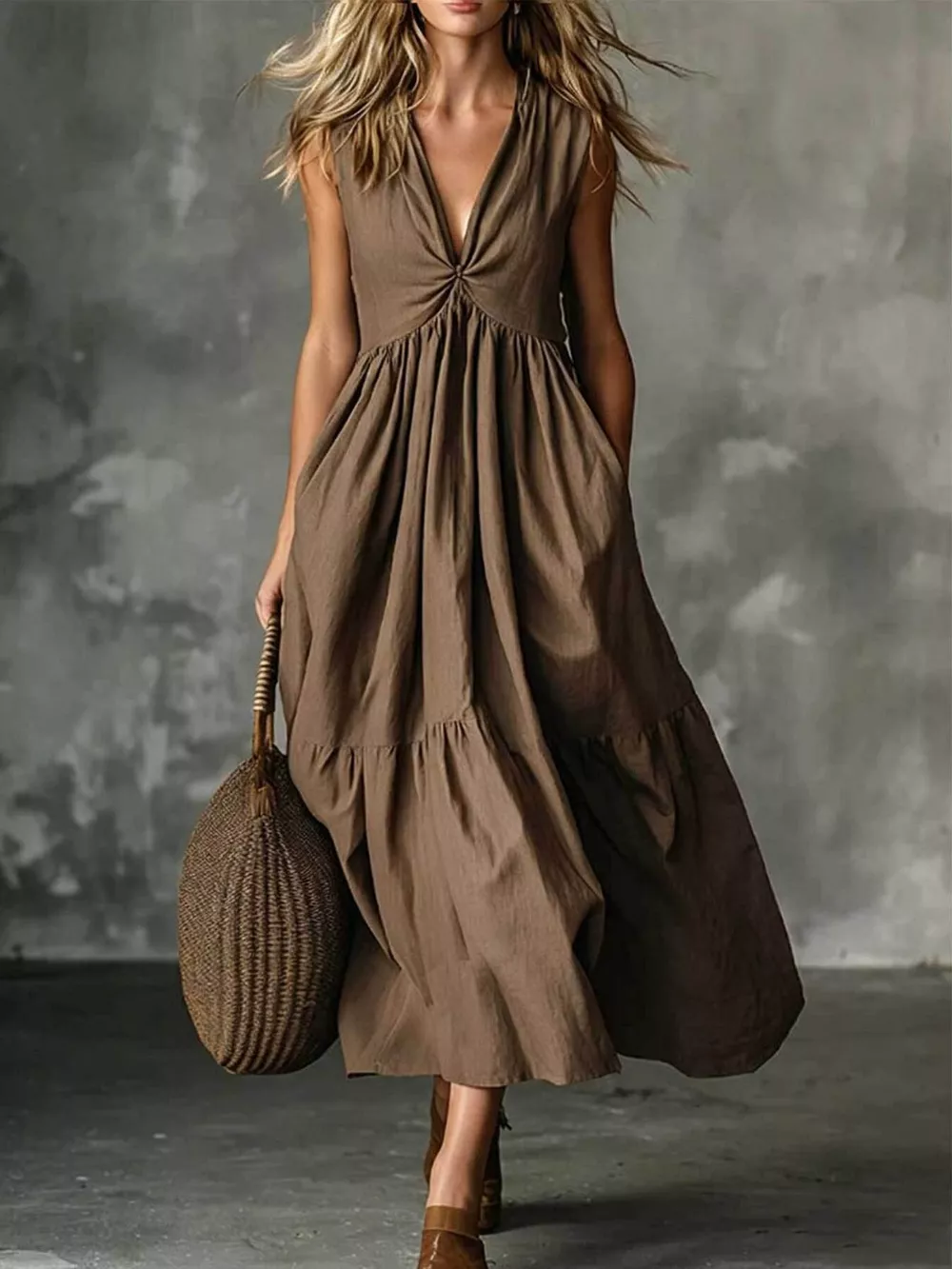 V-Neck Twisted Tiered Midi Dress, image 3