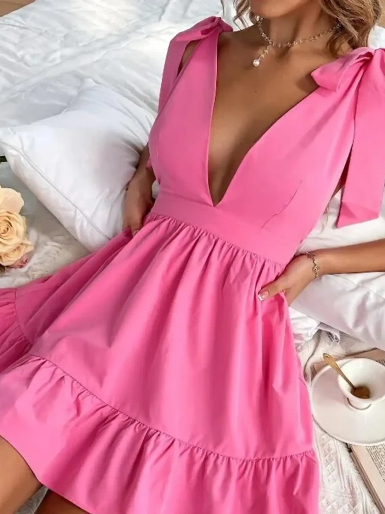 Tie Shoulder Tiered Mini Dress, image 2