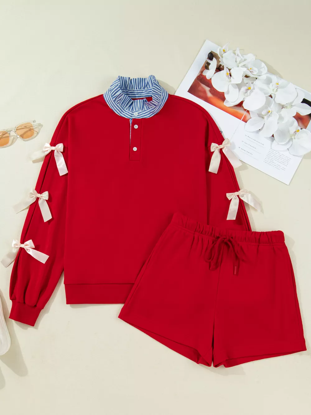 Striped Collar Patchwork Satin Bow Sweatshirt and Shorts Set, image 3