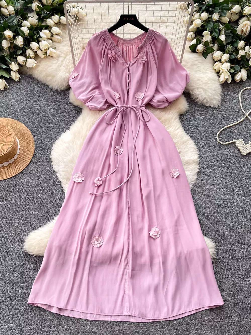 Floral Decor Tie Waist Puff Sleeve Dress, image 6