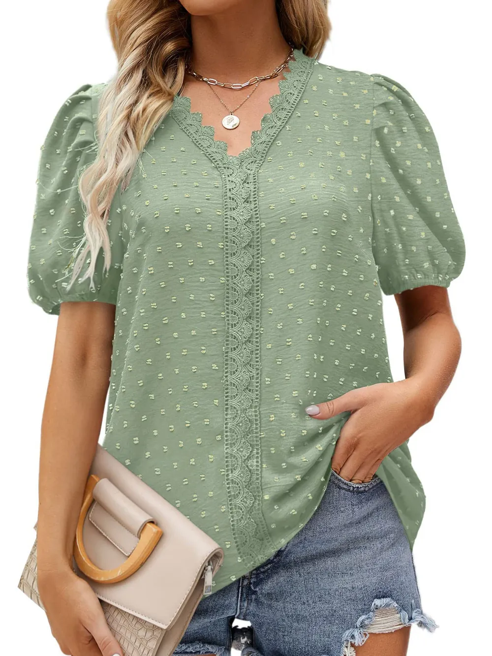 Puff Sleeve Swiss Dot Lace Trim Blouse, image 9