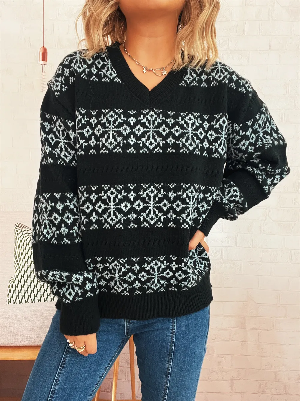 Contrast Ribbed hem Long Sleeve Sweater