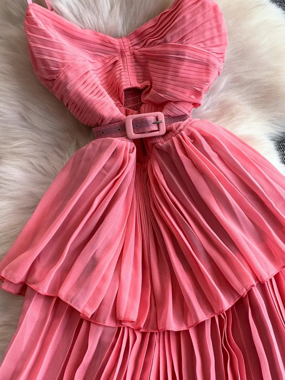 Pleated Layered Spaghetti Strap Midi Dress, image 5