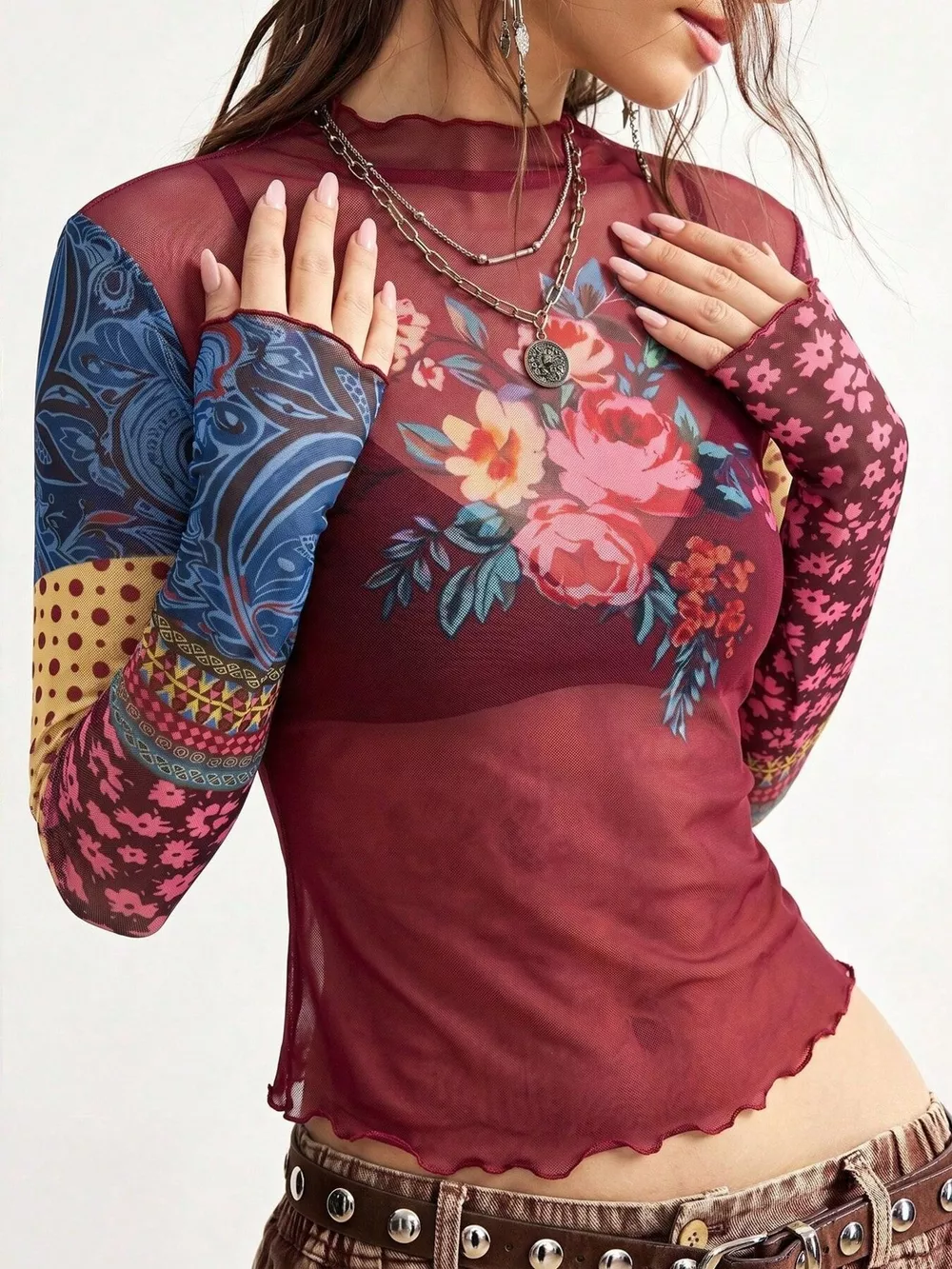 Floral Print Mesh Mock Neck Long Sleeve Top, image 2